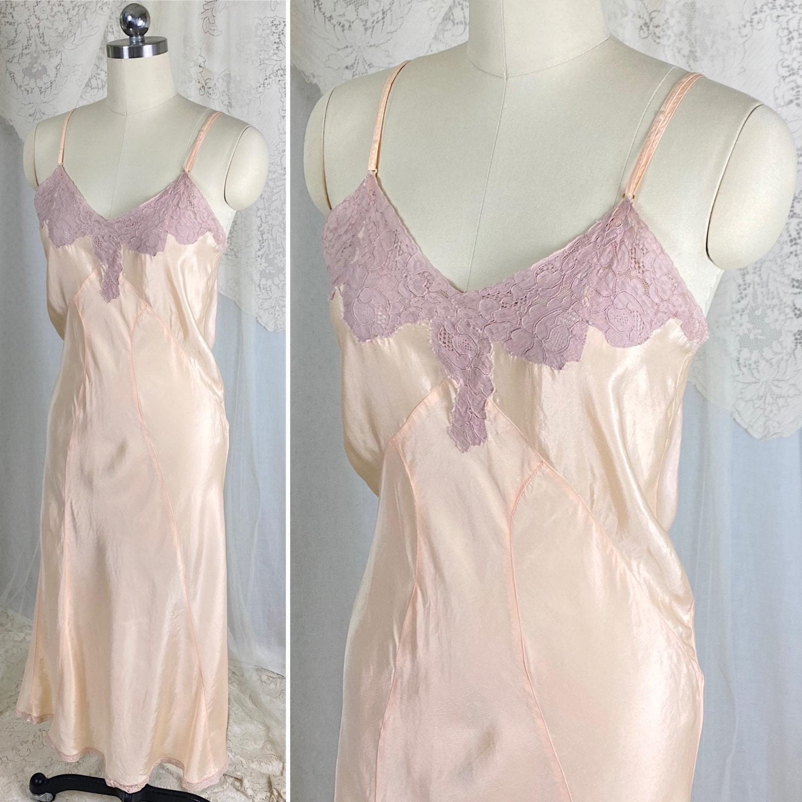 Vintage 1930's Slip | Pearlescent Peachy - Pink Silk with Deep Mauve Floral Cotton Lace | Size S, M | Never Worn - Daggers & Dames