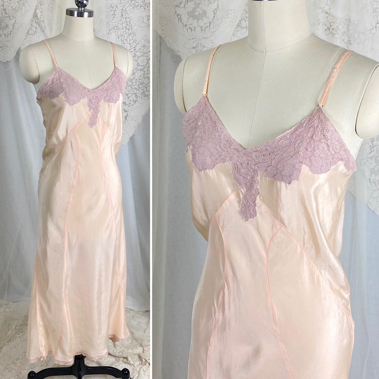 Vintage 1930's Slip | Pearlescent Peachy - Pink Silk with Deep Mauve Floral Cotton Lace | Size S, M | Never Worn - Daggers & Dames