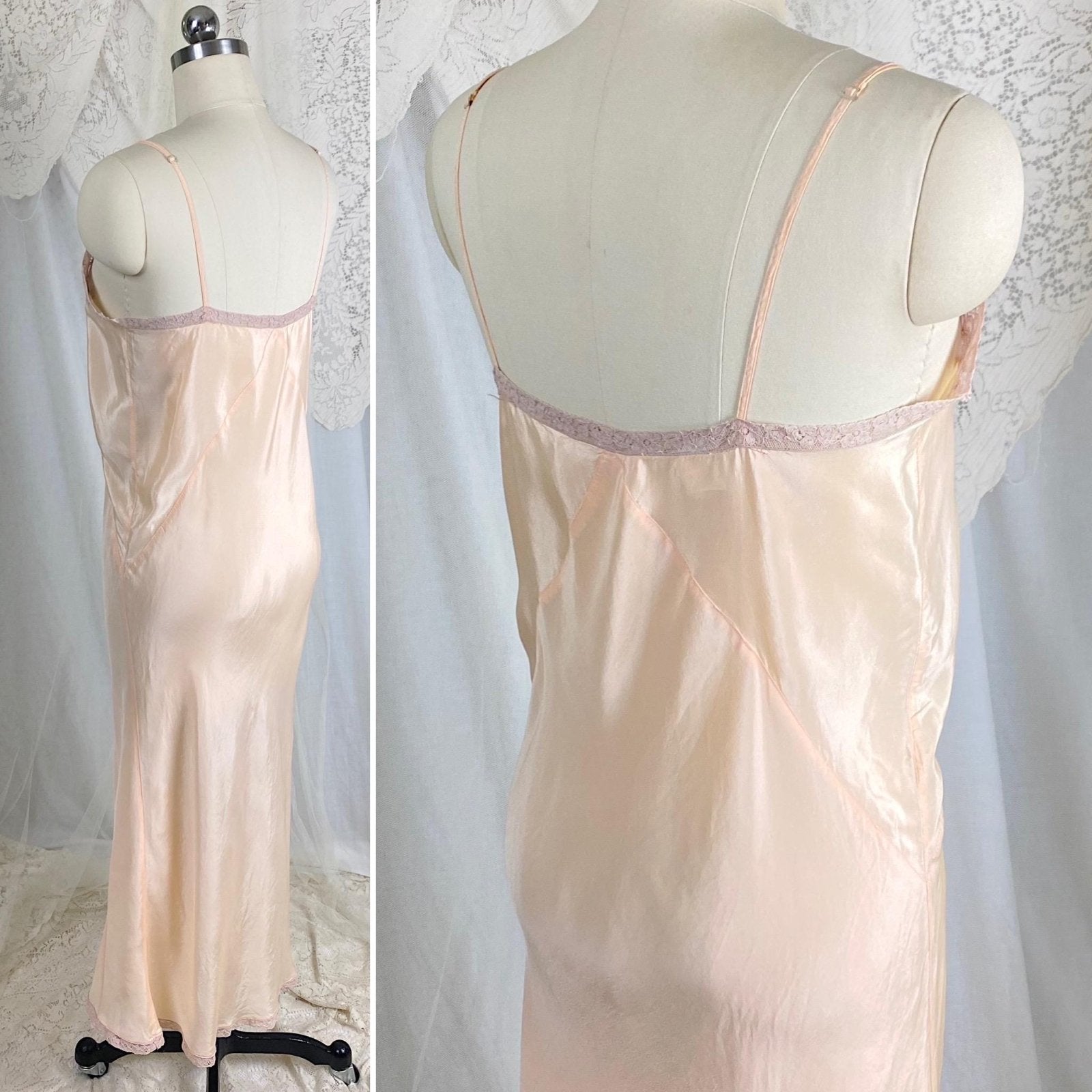Vintage 1930's Slip | Pearlescent Peachy - Pink Silk with Deep Mauve Floral Cotton Lace | Size S, M | Never Worn - Daggers & Dames