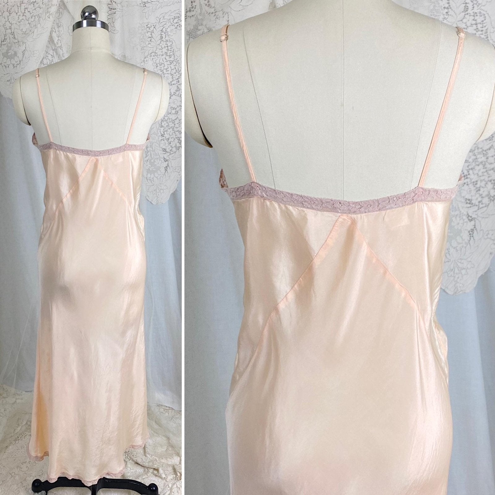 Vintage 1930's Slip | Pearlescent Peachy - Pink Silk with Deep Mauve Floral Cotton Lace | Size S, M | Never Worn - Daggers & Dames