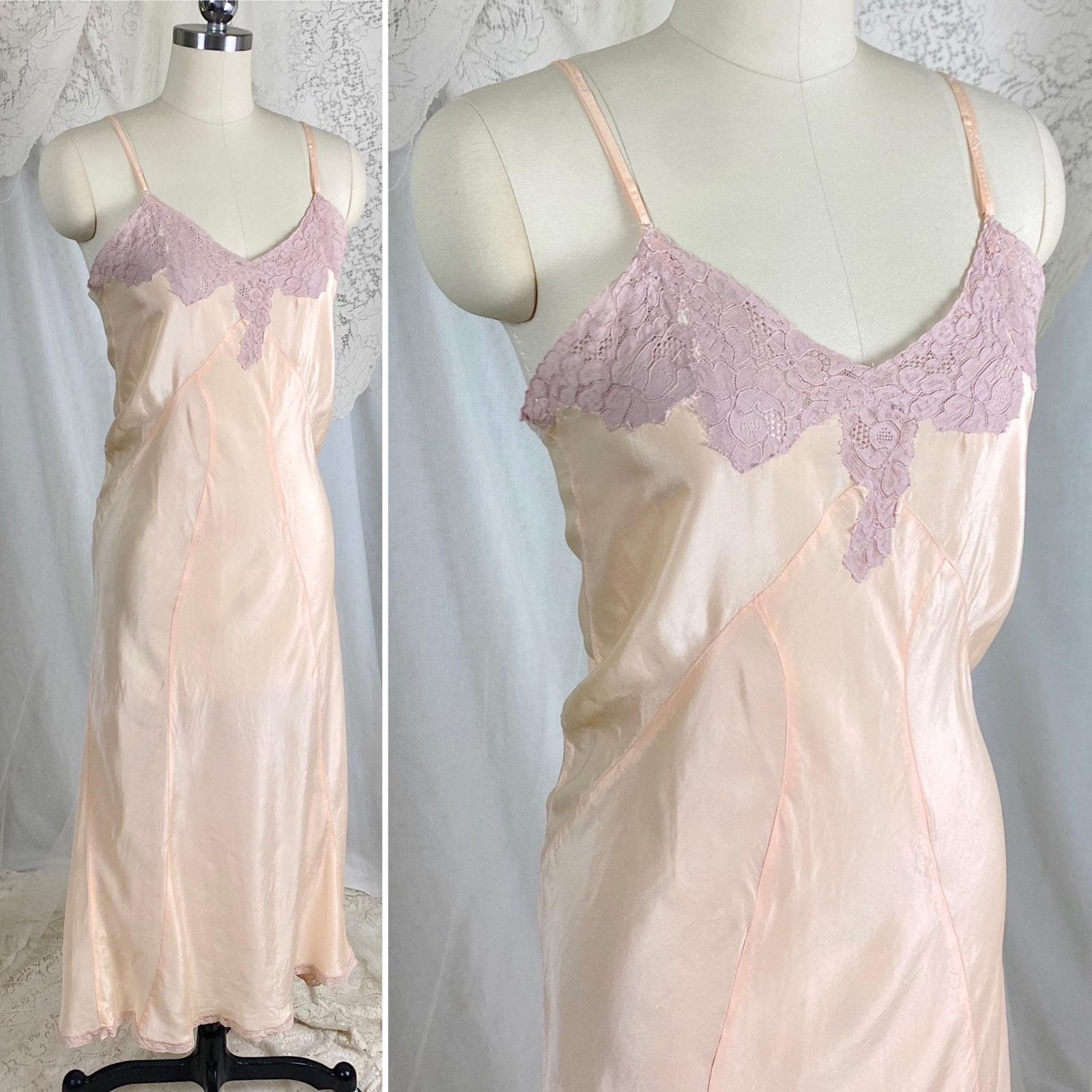 Vintage 1930's Slip | Pearlescent Peachy - Pink Silk with Deep Mauve Floral Cotton Lace | Size S, M | Never Worn - Daggers & Dames