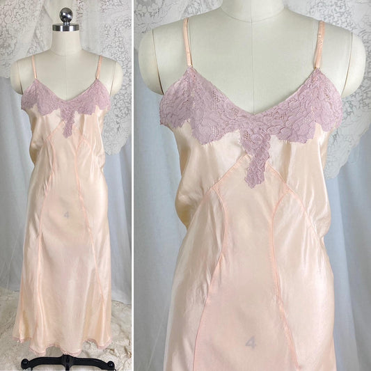 Vintage 1930's Slip | Pearlescent Peachy - Pink Silk with Deep Mauve Floral Cotton Lace | Size S, M | Never Worn - Daggers & Dames