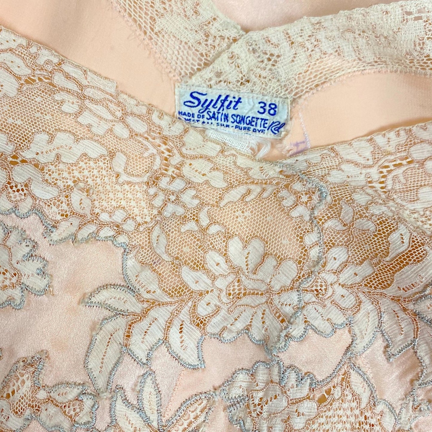 Vintage 1930's Slip - Rose Gold Pink Silk Satin with Floral Alençon Lace - Size M, LG - By Stylfit - Daggers & Dames