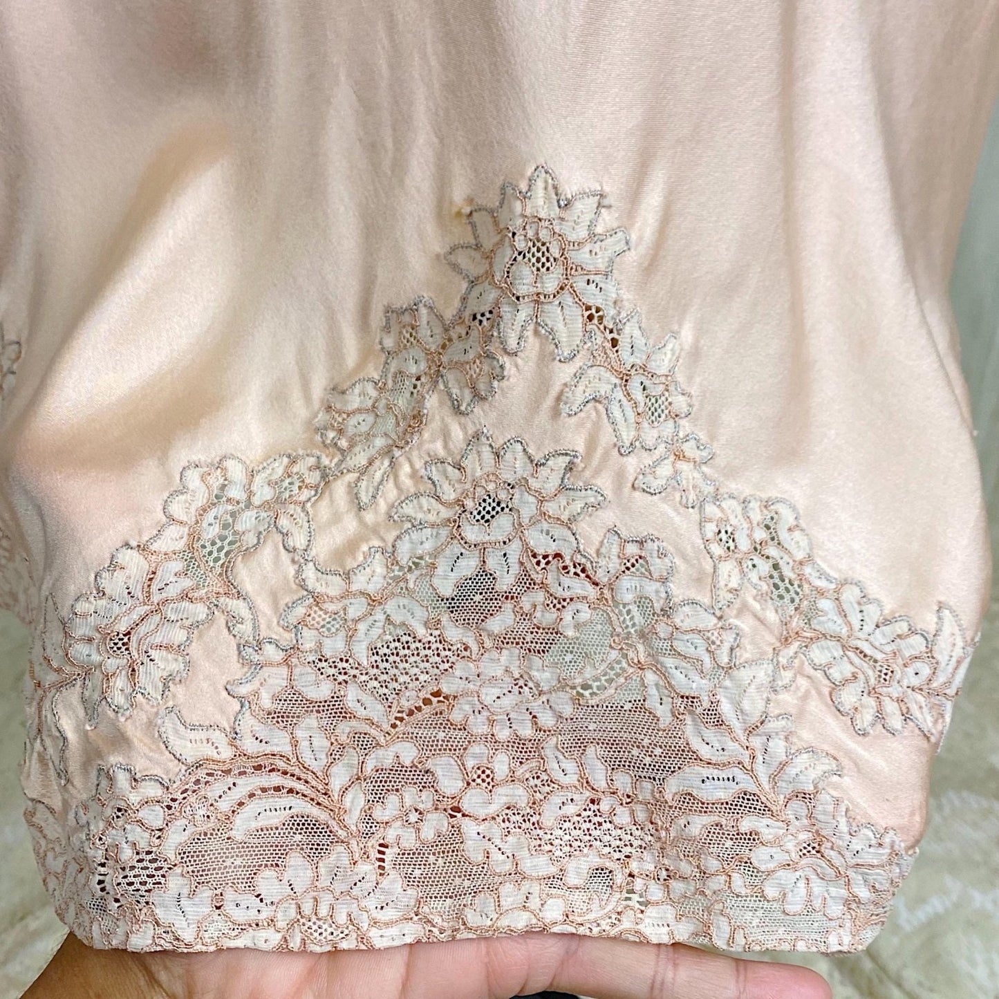 Vintage 1930's Slip - Rose Gold Pink Silk Satin with Floral Alençon Lace - Size M, LG - By Stylfit - Daggers & Dames