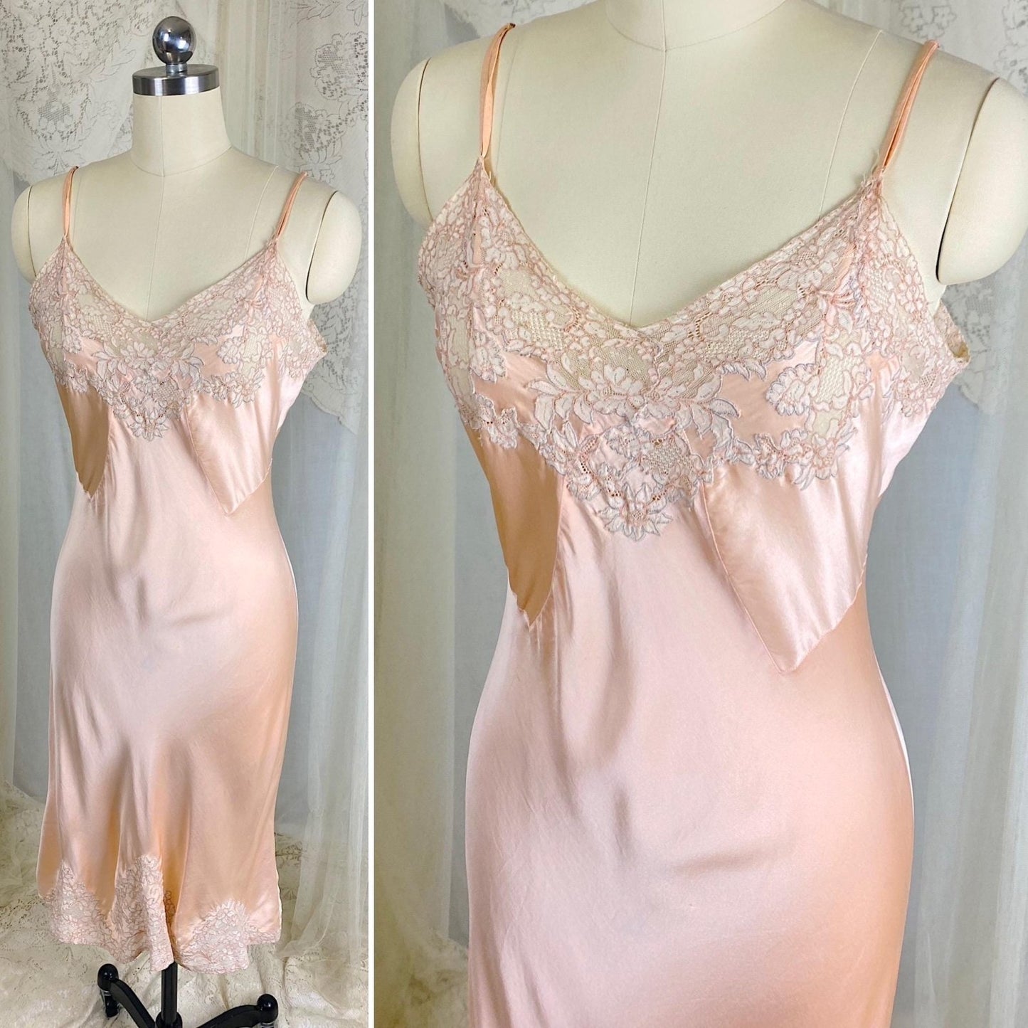 Vintage 1930's Slip - Rose Gold Pink Silk Satin with Floral Alençon Lace - Size M, LG - By Stylfit - Daggers & Dames