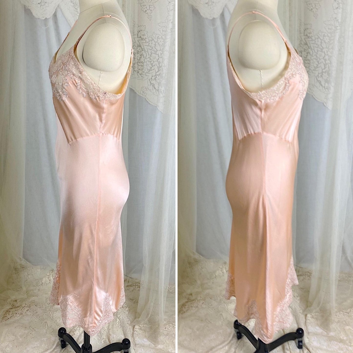 Vintage 1930's Slip - Rose Gold Pink Silk Satin with Floral Alençon Lace - Size M, LG - By Stylfit - Daggers & Dames