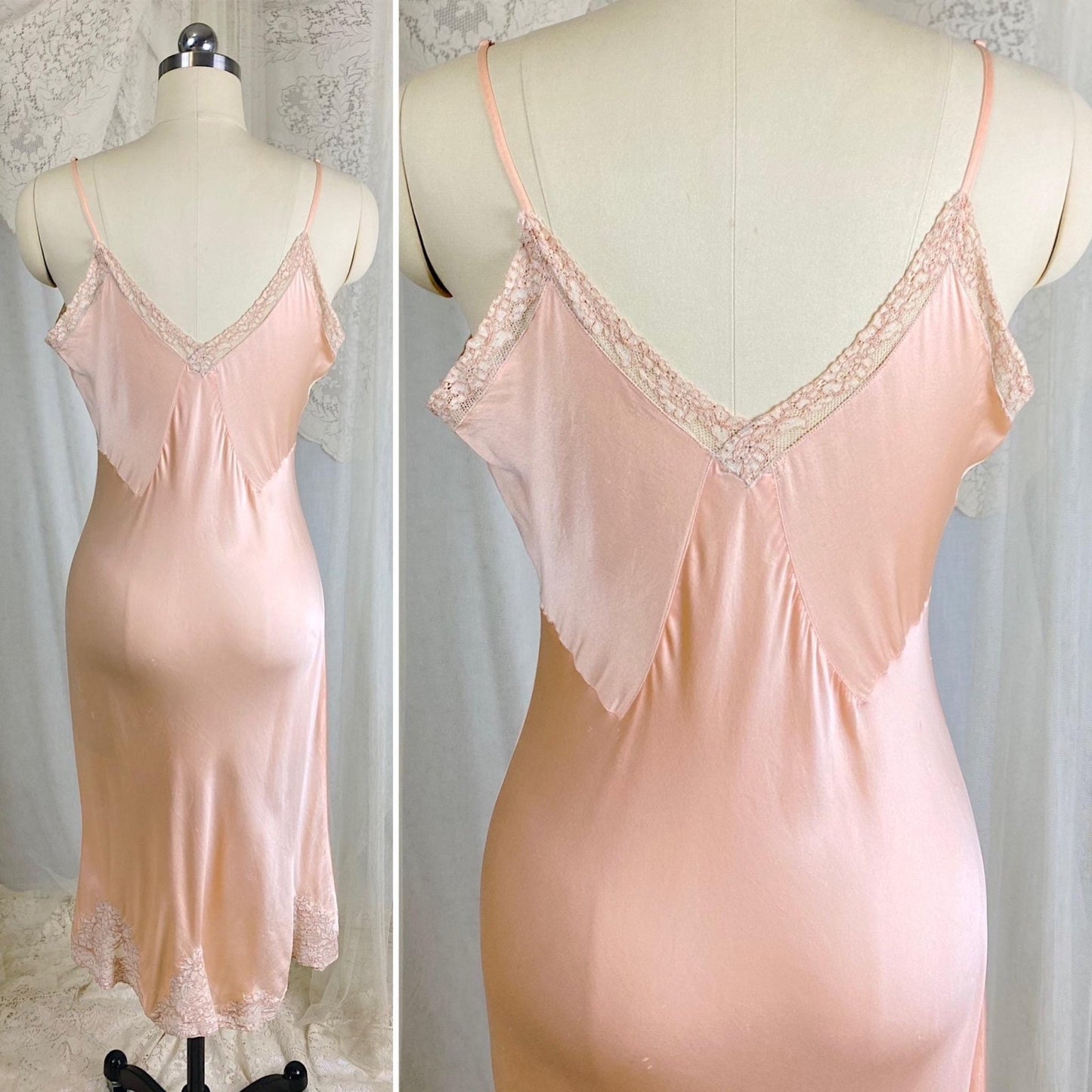 Vintage 1930's Slip - Rose Gold Pink Silk Satin with Floral Alençon Lace - Size M, LG - By Stylfit - Daggers & Dames