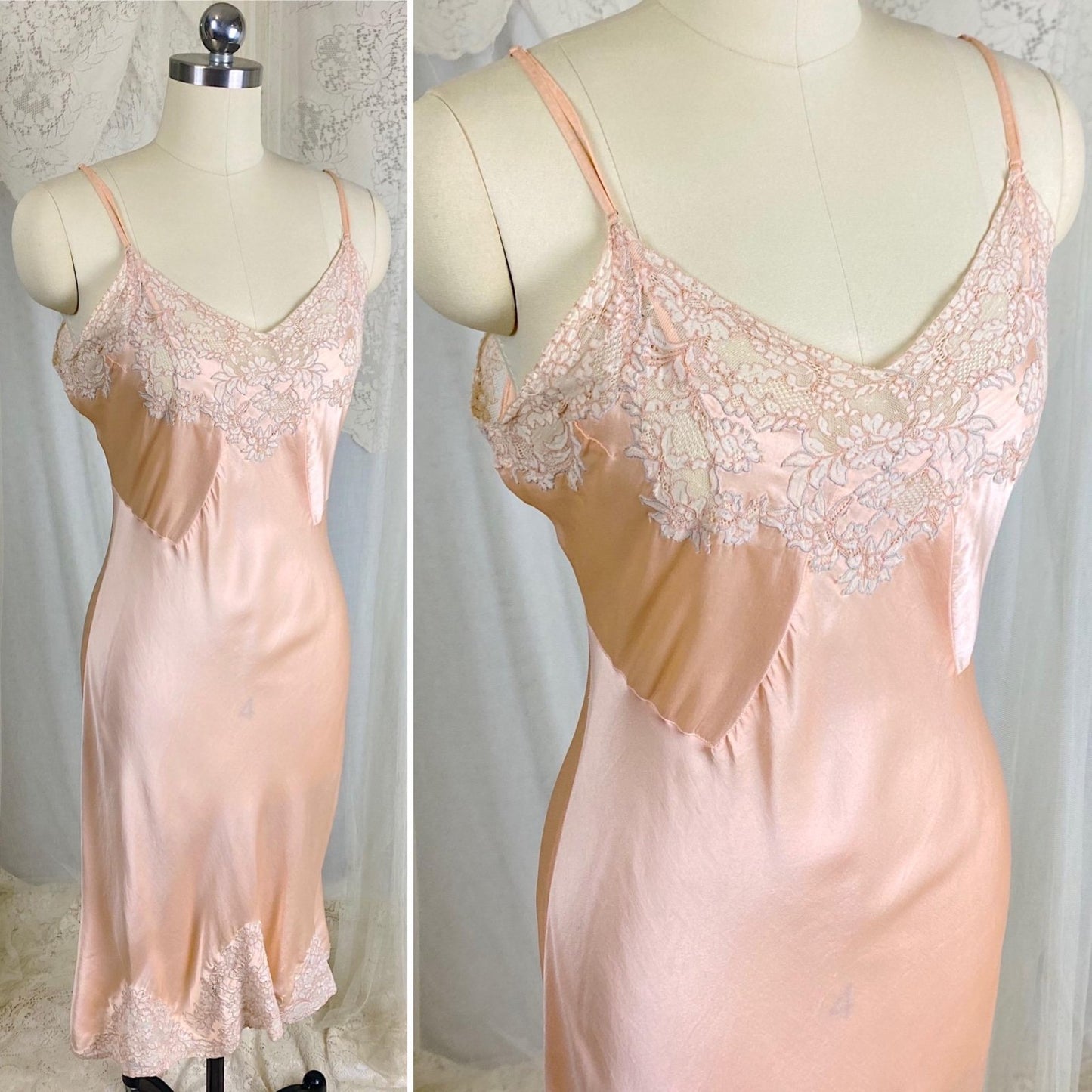 Vintage 1930's Slip - Rose Gold Pink Silk Satin with Floral Alençon Lace - Size M, LG - By Stylfit - Daggers & Dames