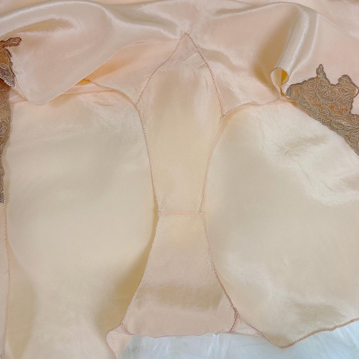 Vintage 1930's Tap Pants - Light Peach Semi Sheer Silk with Deep Mocha Lace Appliques - Size S, M - By Yolande - Daggers & Dames
