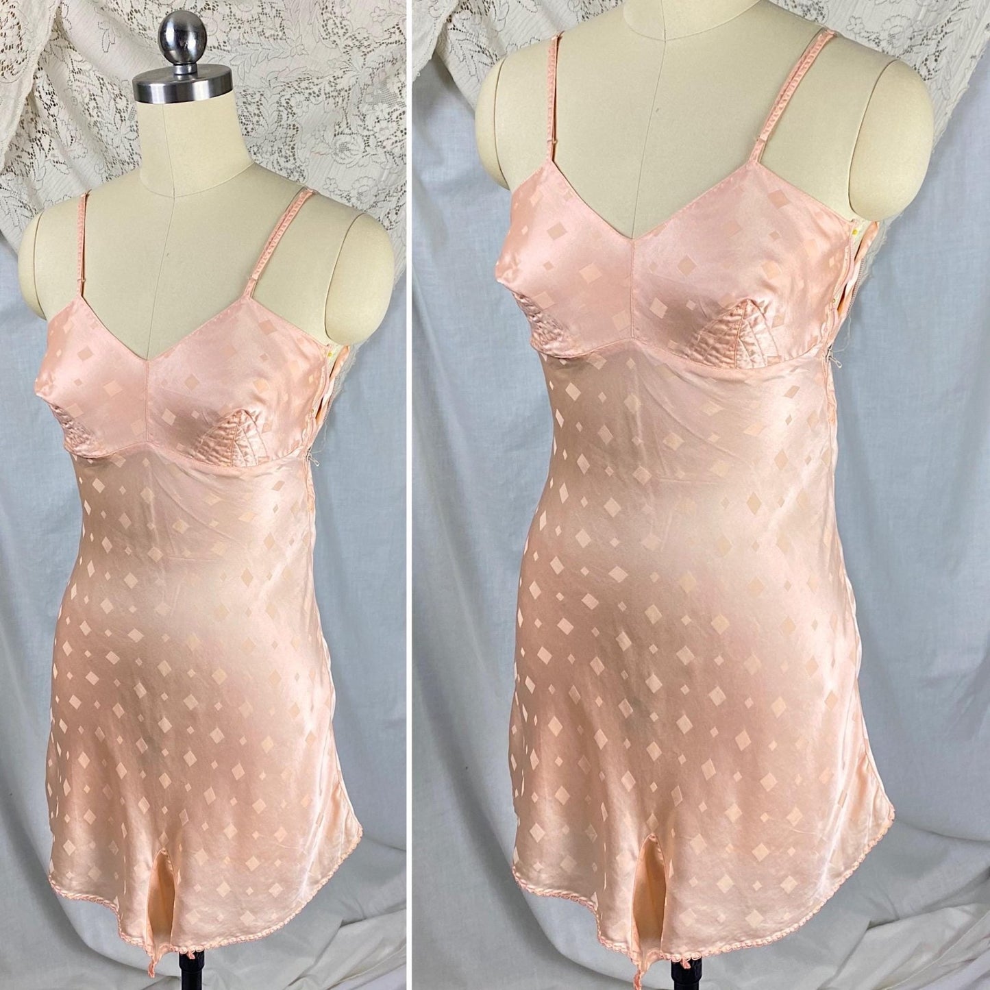 Vintage 1930's Teddy Chemise | Rose Gold Pink Silk with Diamond Satin Damask Pattern & Darted Bust | Size XXS, XS - Daggers & Dames
