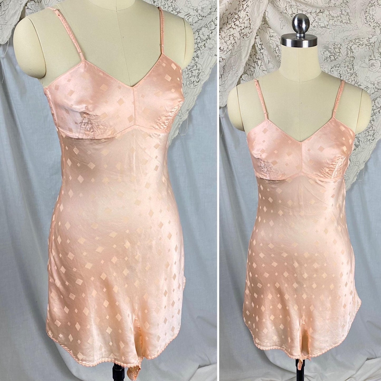 Vintage 1930's Teddy Chemise | Rose Gold Pink Silk with Diamond Satin Damask Pattern & Darted Bust | Size XXS, XS - Daggers & Dames