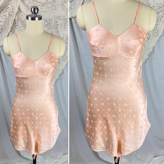 Vintage 1930's Teddy Chemise | Rose Gold Pink Silk with Diamond Satin Damask Pattern & Darted Bust | Size XXS, XS - Daggers & Dames