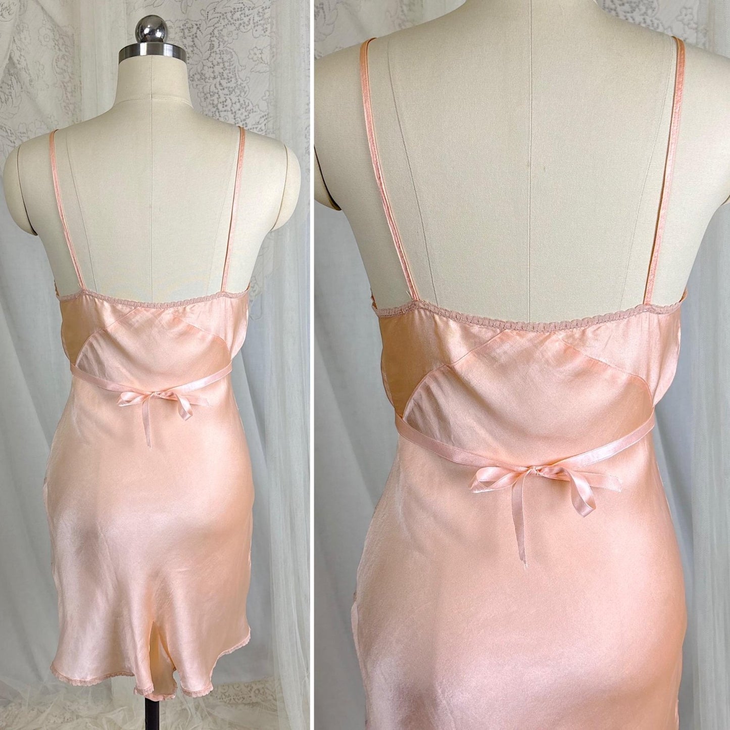 Vintage 1930's Teddy Chemise - Rose Gold Pink Silk with Warm Beige Tambour Lace - Size XS - Daggers & Dames