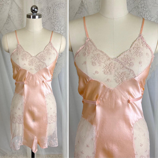 Vintage 1930's Teddy Chemise - Rose Gold Pink Silk with Warm Beige Tambour Lace - Size XS - Daggers & Dames