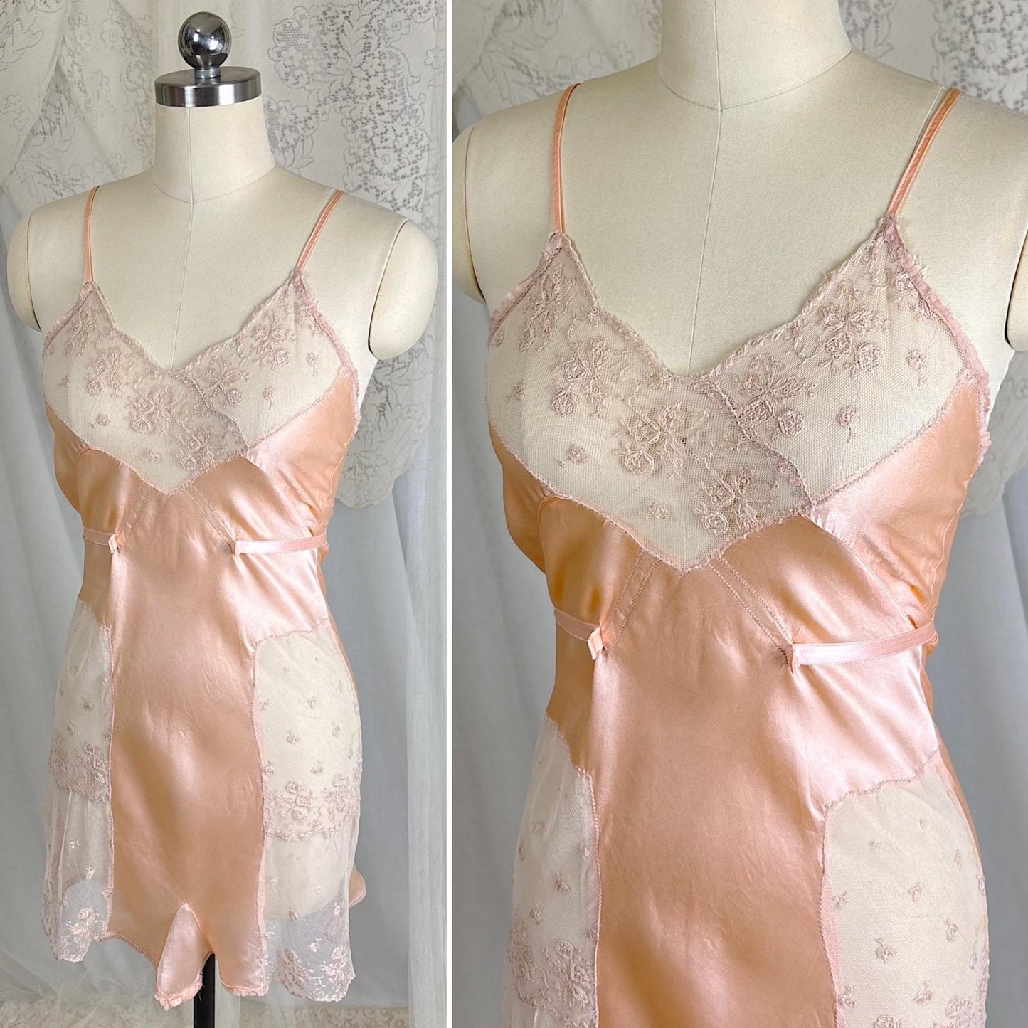 Vintage 1930's Teddy Chemise - Rose Gold Pink Silk with Warm Beige Tambour Lace - Size XS - Daggers & Dames