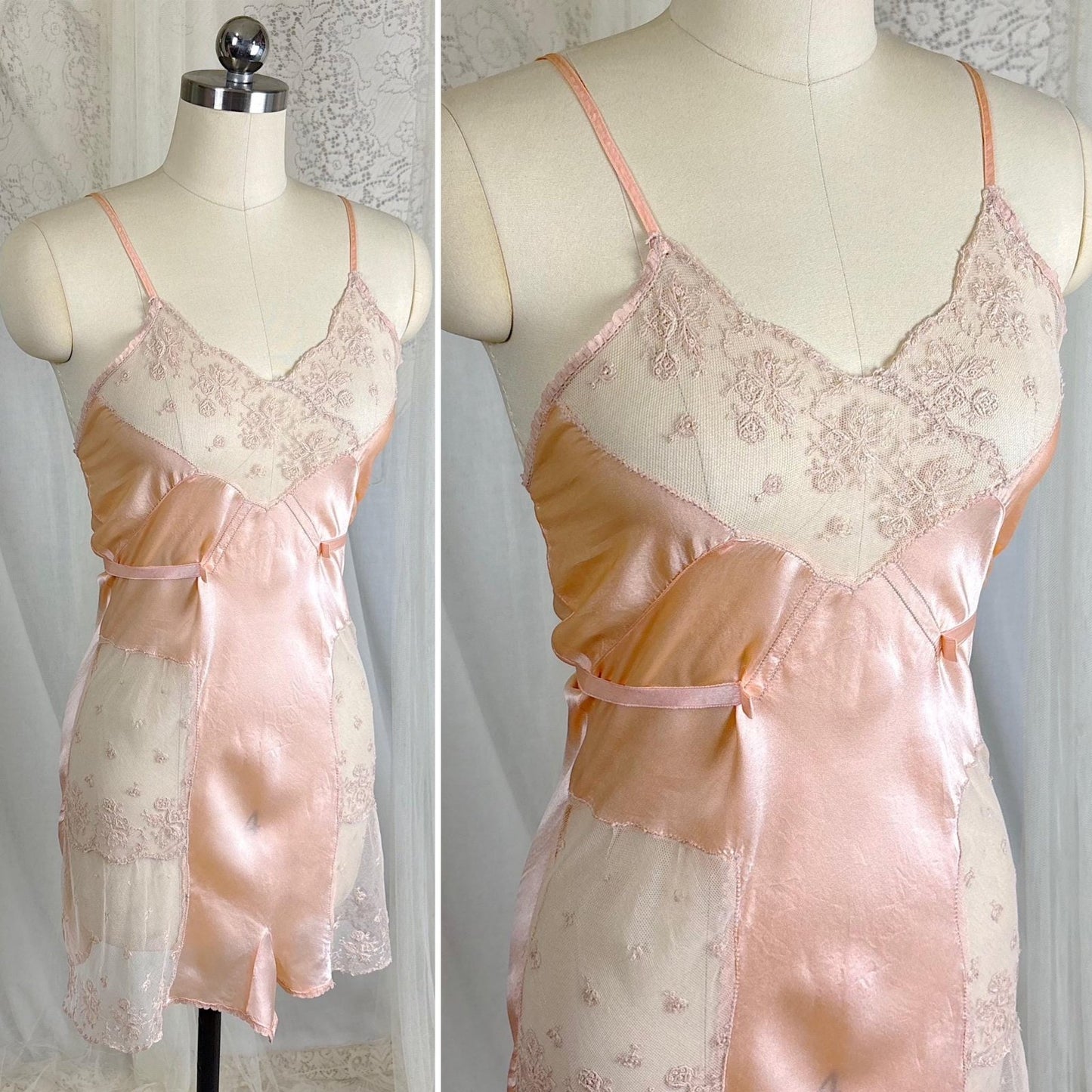 Vintage 1930's Teddy Chemise - Rose Gold Pink Silk with Warm Beige Tambour Lace - Size XS - Daggers & Dames