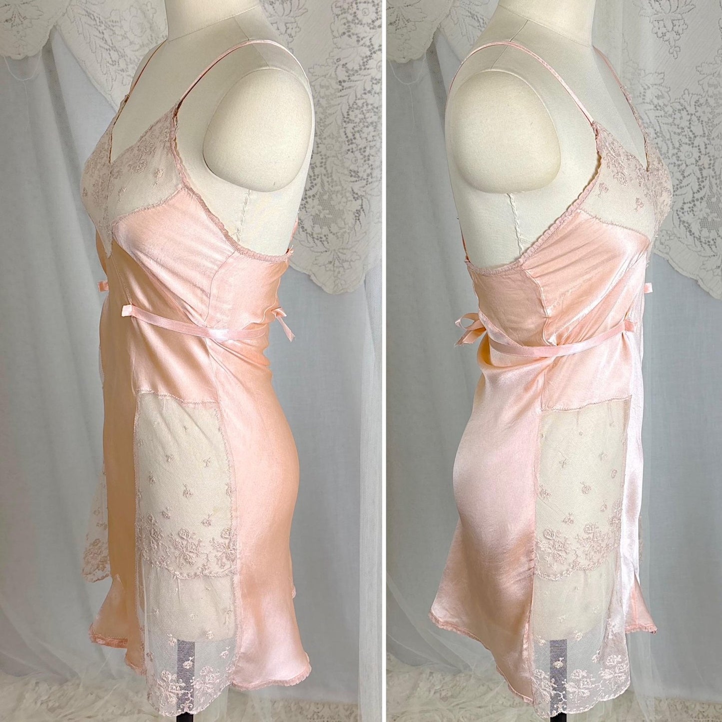 Vintage 1930's Teddy Chemise - Rose Gold Pink Silk with Warm Beige Tambour Lace - Size XS - Daggers & Dames