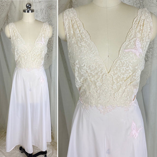 Vintage 1940's - 1950's Crisp Palest Pink Tea Length Nightgown with Ivory Floral Lace & Butterfly Appliqués - By Hatem, Size M, LG - Daggers & Dames