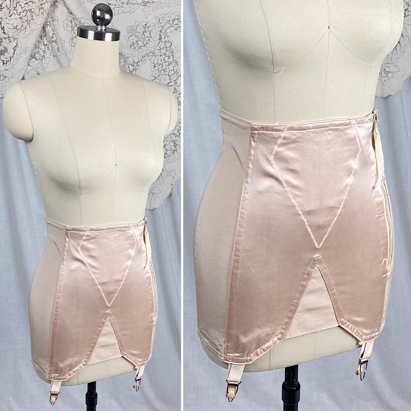Vintage 1940's - 1950's Girdle | Pale Powder Pink Rayon Satin with Elastic Panels | Size XS, S | By Velvet Grip - Daggers & Dames