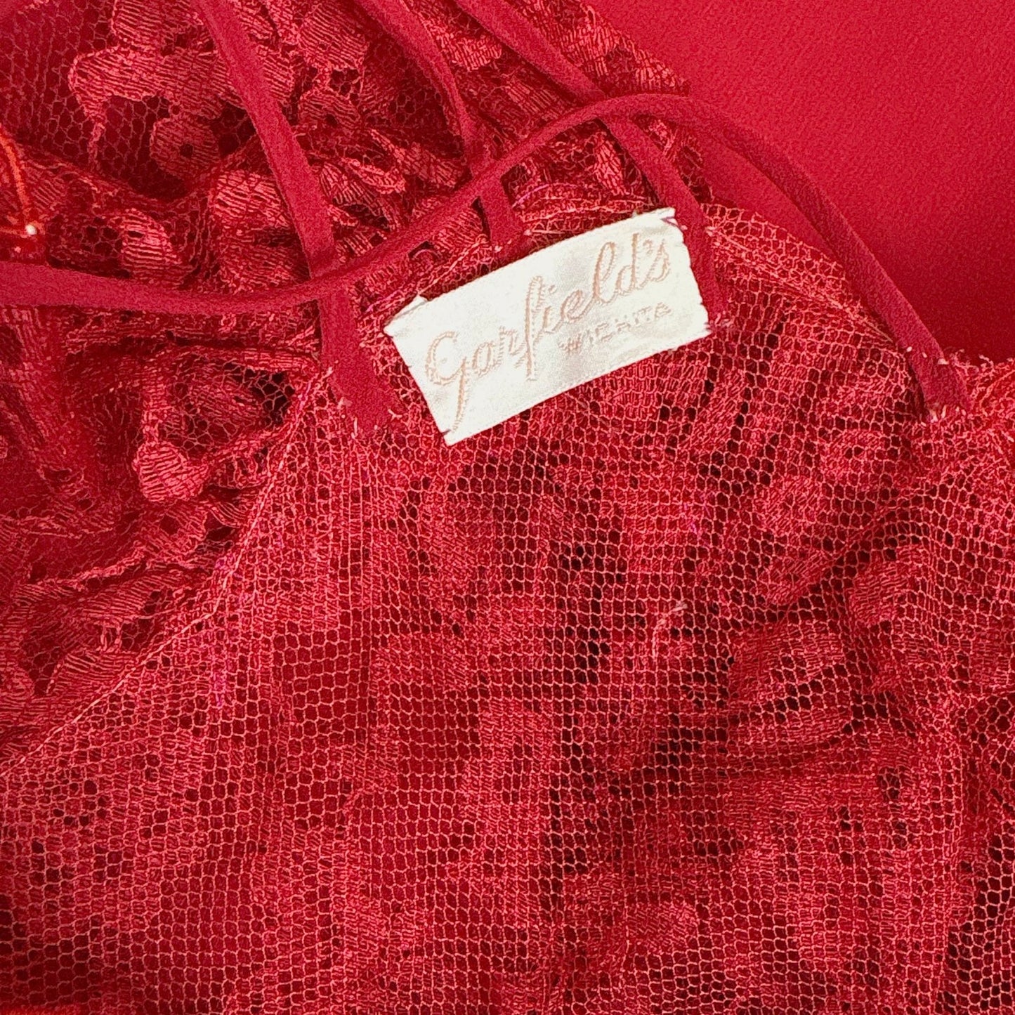 Vintage 1940's - 1950's Hand Stitched Crimson Red Silk Chiffon Nightgown with Ruffled Lace - By Garfield's, Size XS, S - Daggers & Dames