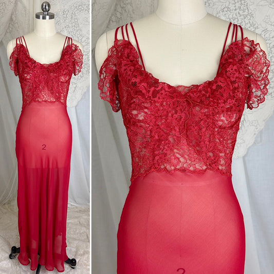 Vintage 1940's - 1950's Hand Stitched Crimson Red Silk Chiffon Nightgown with Ruffled Lace - By Garfield's, Size XS, S - Daggers & Dames