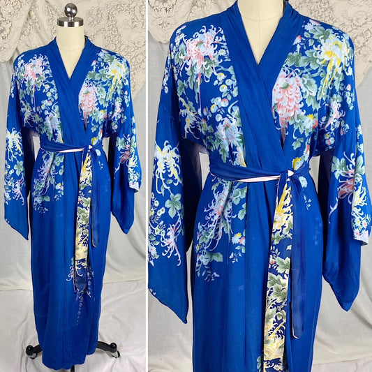 Vintage 1940's - 1950's Japanese Kimono Robe | Cobalt Blue Rayon with Elaborate Floral Print | Size Free - Daggers & Dames