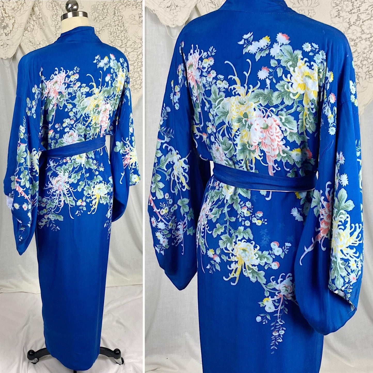 Vintage 1940's - 1950's Japanese Kimono Robe | Cobalt Blue Rayon with Elaborate Floral Print | Size Free - Daggers & Dames