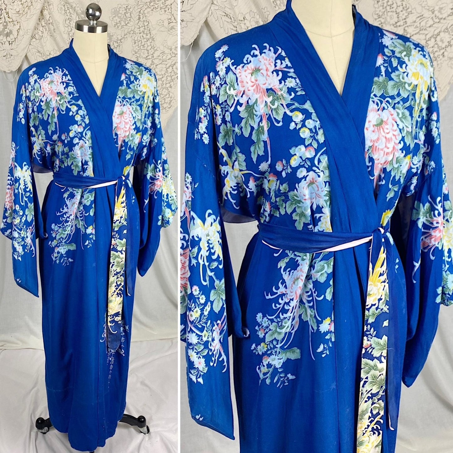 Vintage 1940's - 1950's Japanese Kimono Robe | Cobalt Blue Rayon with Elaborate Floral Print | Size Free - Daggers & Dames