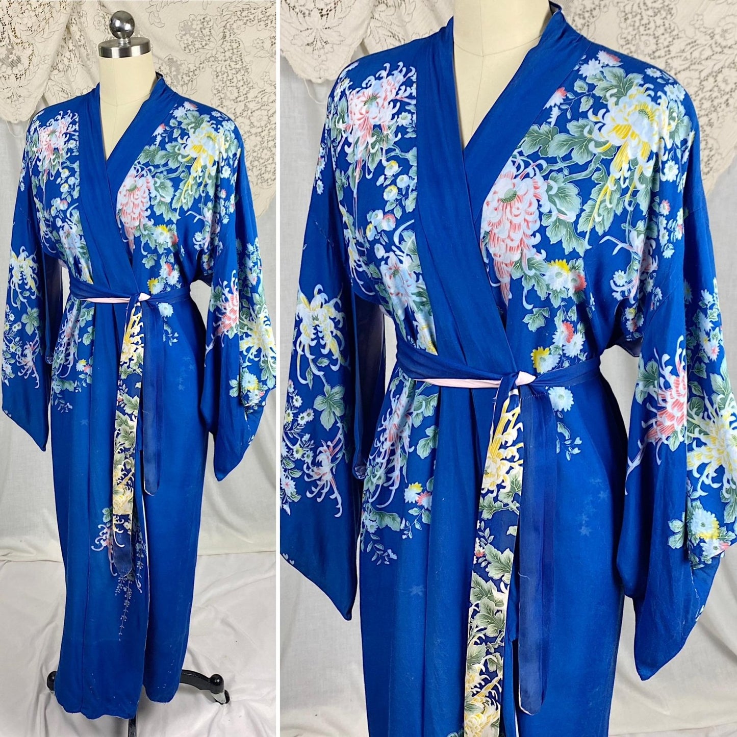 Vintage 1940's - 1950's Japanese Kimono Robe | Cobalt Blue Rayon with Elaborate Floral Print | Size Free - Daggers & Dames