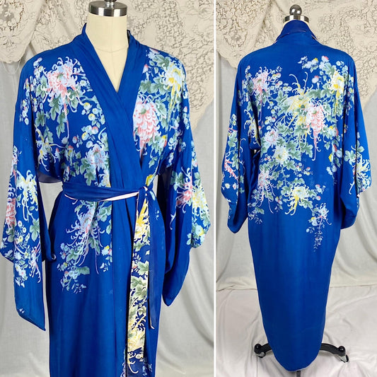 Vintage 1940's - 1950's Japanese Kimono Robe | Cobalt Blue Rayon with Elaborate Floral Print | Size Free - Daggers & Dames