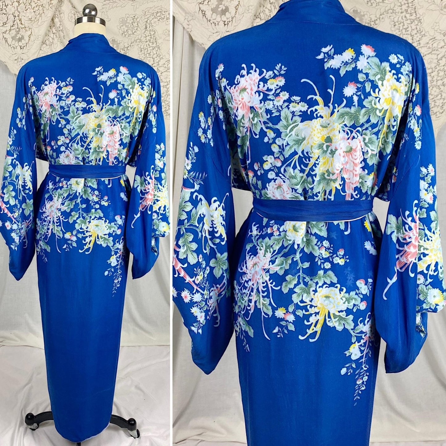 Vintage 1940's - 1950's Japanese Kimono Robe | Cobalt Blue Rayon with Elaborate Floral Print | Size Free - Daggers & Dames