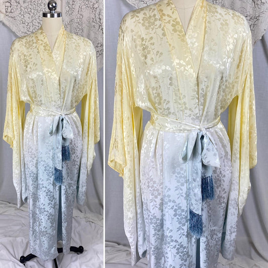 Vintage 1940's - 1950's Japanese Kimono Robe | Lemon Yellow & Gray Ombre Rayon Satin Damask with Fringe Sash tie | Mitsuba Aoi Crest - Daggers & Dames