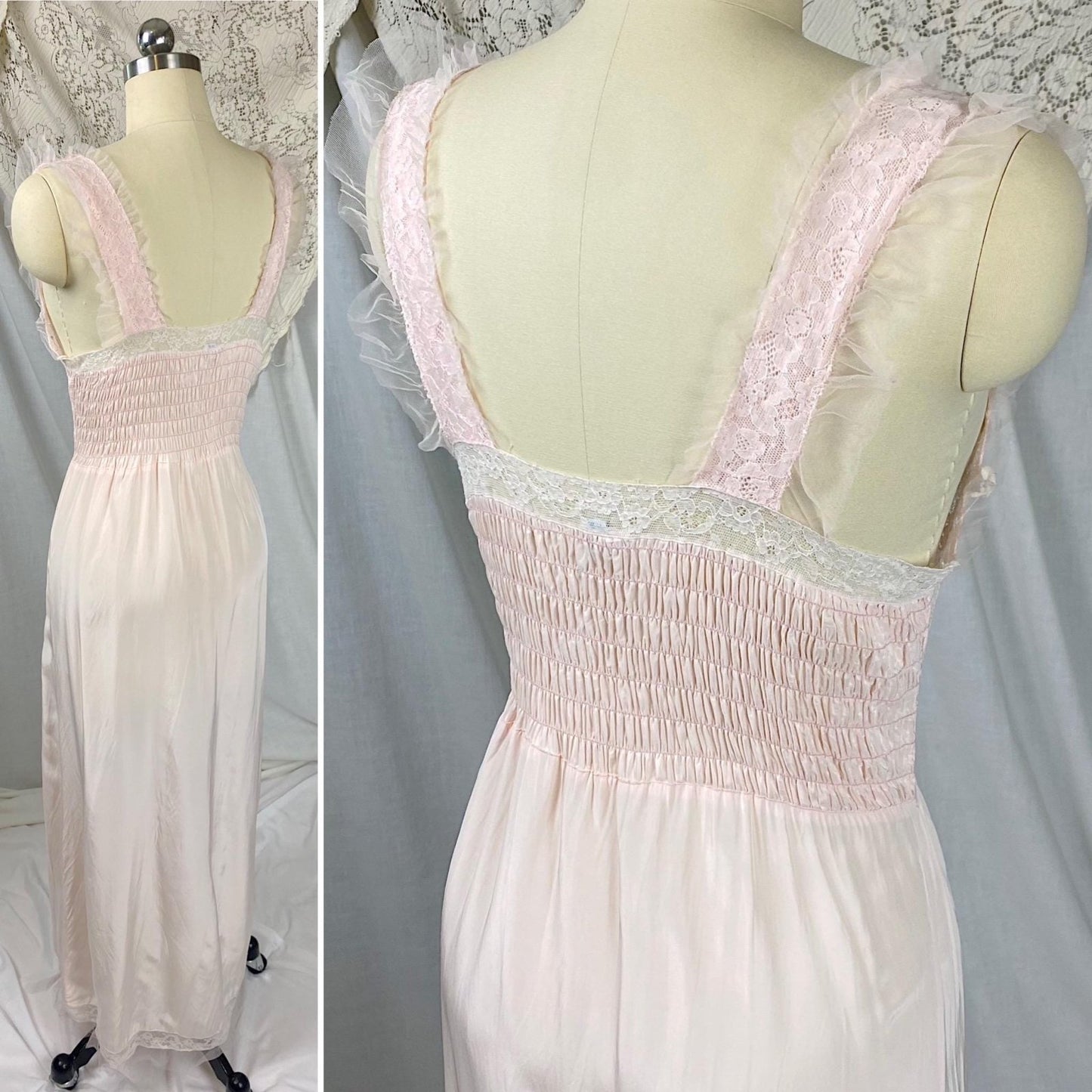 Vintage 1940's - 1950's Nightgown | Baby Pink Rayon with Cotton Lace & Ruffled Tulle | Size S, M | By Godfried - Daggers & Dames