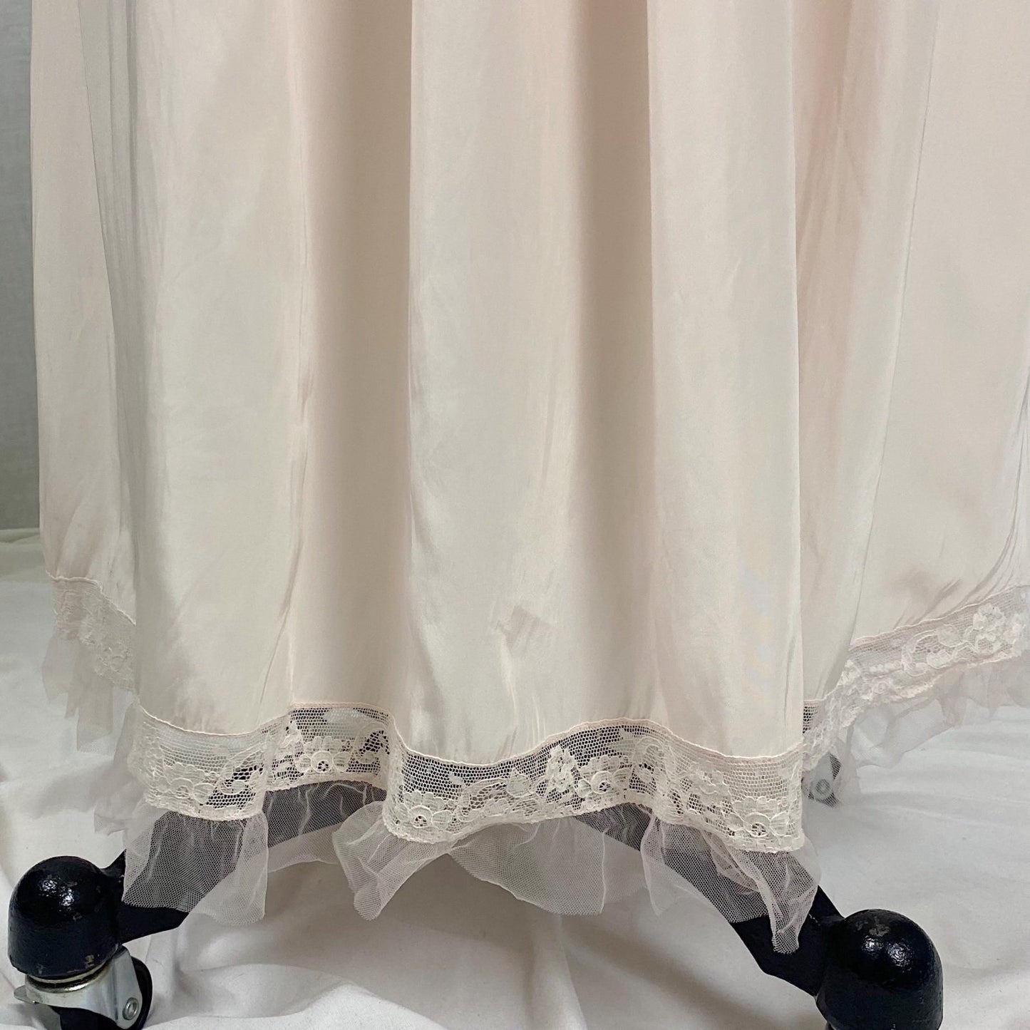 Vintage 1940's - 1950's Nightgown | Baby Pink Rayon with Cotton Lace & Ruffled Tulle | Size S, M | By Godfried - Daggers & Dames