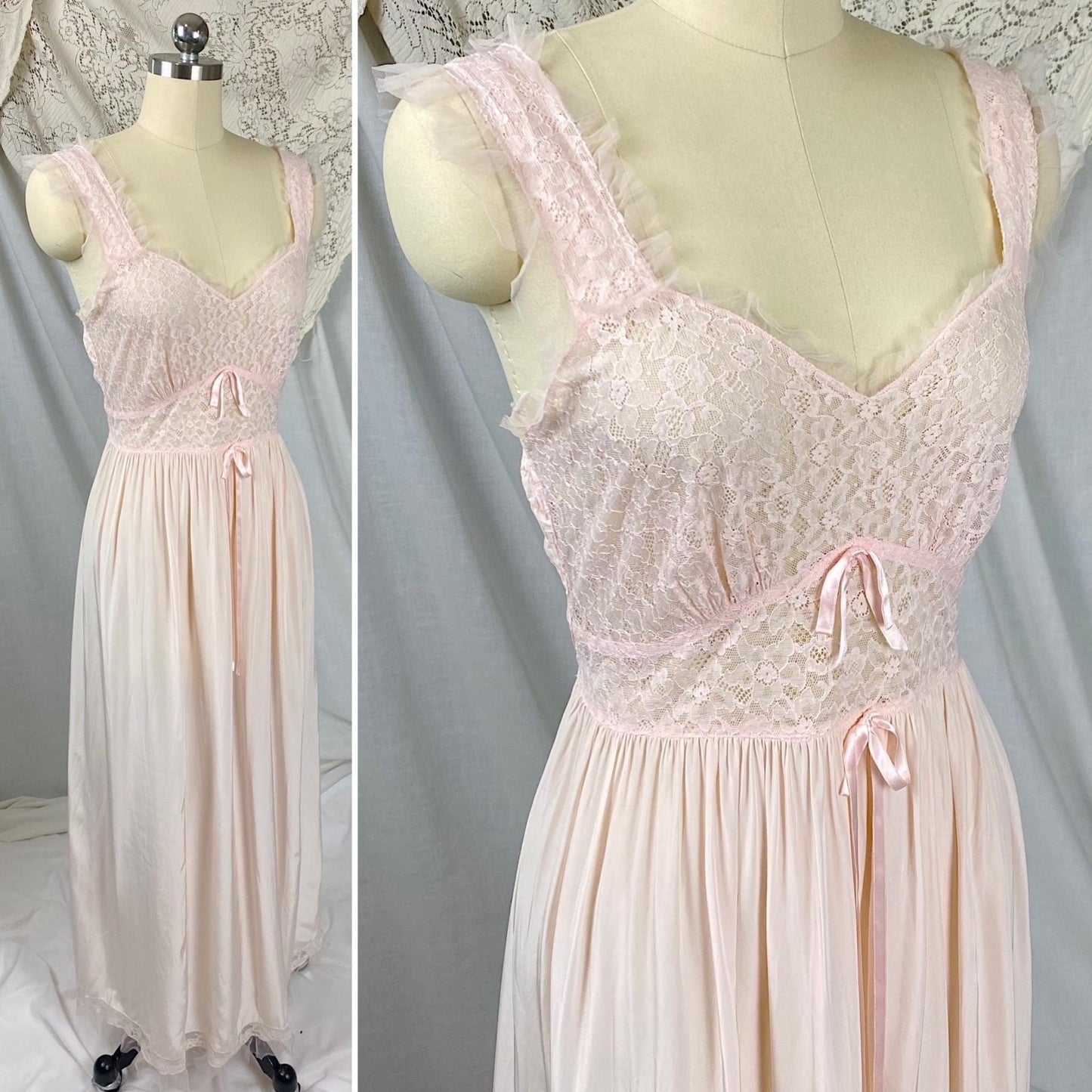 Vintage 1940's - 1950's Nightgown | Baby Pink Rayon with Cotton Lace & Ruffled Tulle | Size S, M | By Godfried - Daggers & Dames