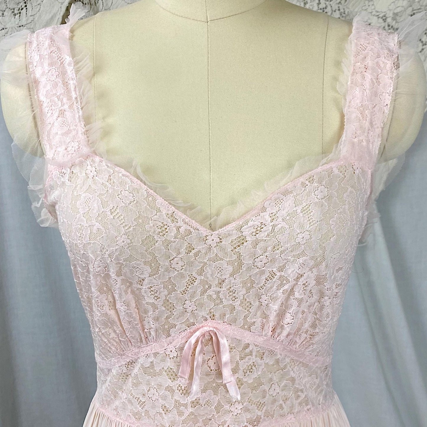 Vintage 1940's - 1950's Nightgown | Baby Pink Rayon with Cotton Lace & Ruffled Tulle | Size S, M | By Godfried - Daggers & Dames