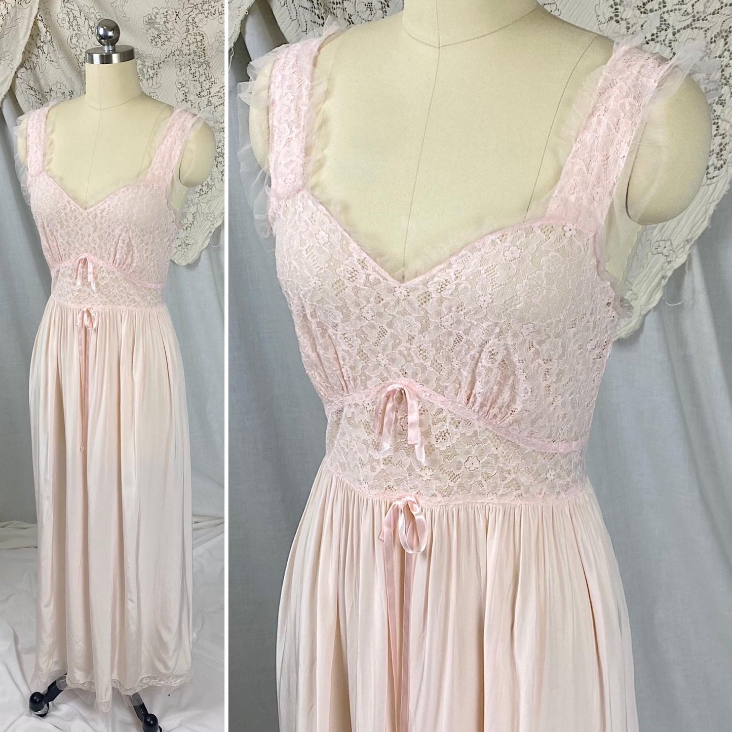 Vintage 1940's - 1950's Nightgown | Baby Pink Rayon with Cotton Lace & Ruffled Tulle | Size S, M | By Godfried - Daggers & Dames