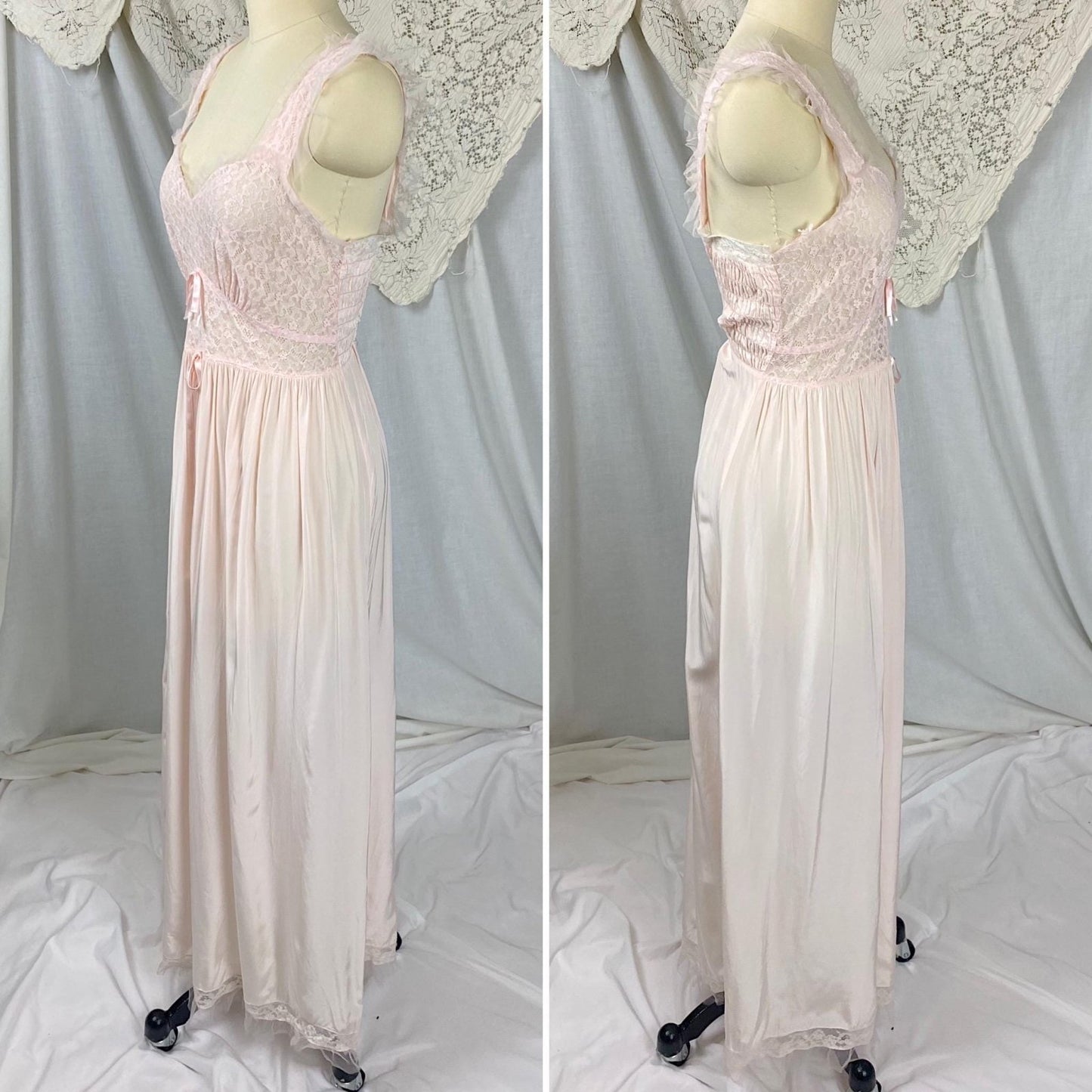Vintage 1940's - 1950's Nightgown | Baby Pink Rayon with Cotton Lace & Ruffled Tulle | Size S, M | By Godfried - Daggers & Dames