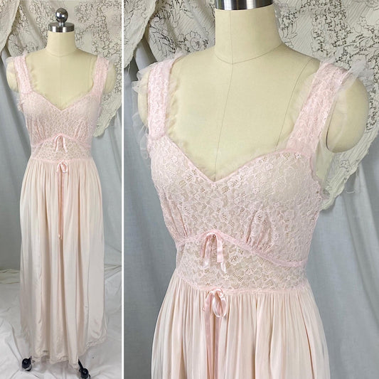 Vintage 1940's - 1950's Nightgown | Baby Pink Rayon with Cotton Lace & Ruffled Tulle | Size S, M | By Godfried - Daggers & Dames