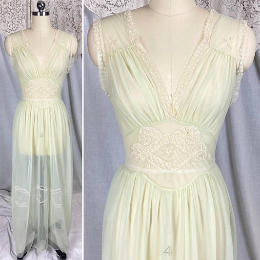Vintage 1940's - 1950's Nightgown | Hand Stitched Sheer Mint Green Crisp Nylon with Ivory Bobbin Lace Inserts & Embroidery | Size S, M - Daggers & Dames