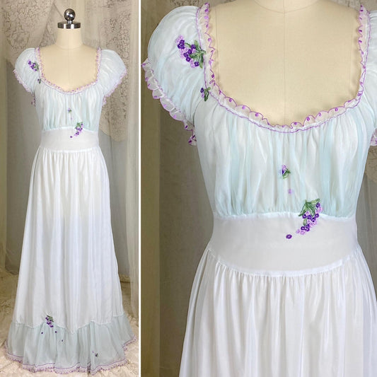 Vintage 1940's - 1950's Nightgown - Palest Blue Crisp Nylon with Sheer Chiffon Overlay & Lilac Embroidery - Size S, M - By Laros - Daggers & Dames