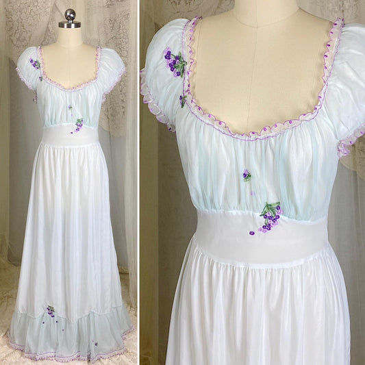 Vintage 1940's - 1950's Nightgown - Palest Blue Crisp Nylon with Sheer Chiffon Overlay & Lilac Embroidery - Size S, M - By Laros - Daggers & Dames
