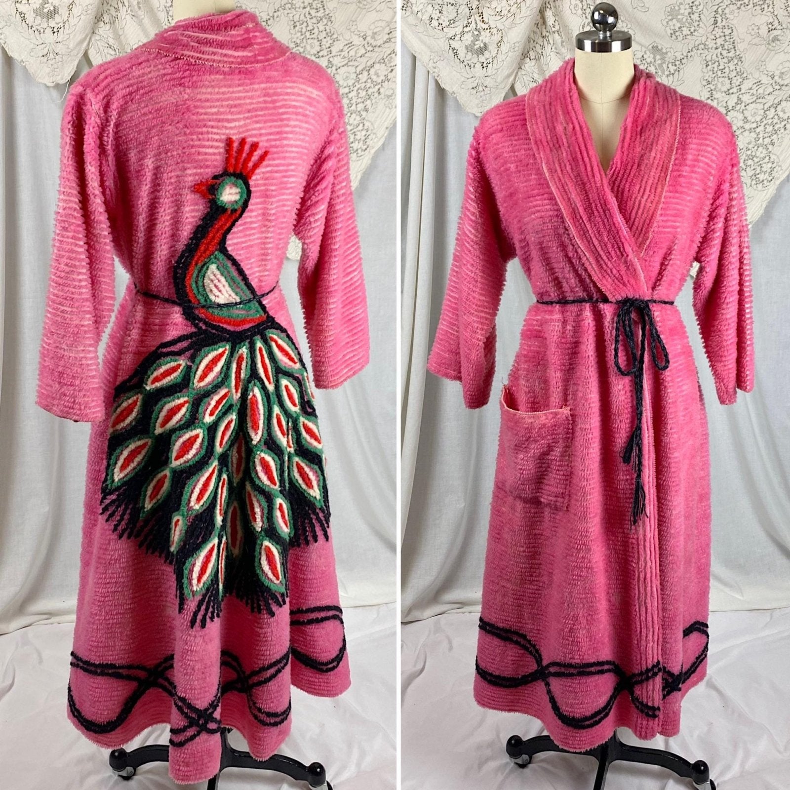 Vintage 1940's - 1950's Robe | Bright Pink Chenille with Peacock Design & Black Trim | Size M - Daggers & Dames