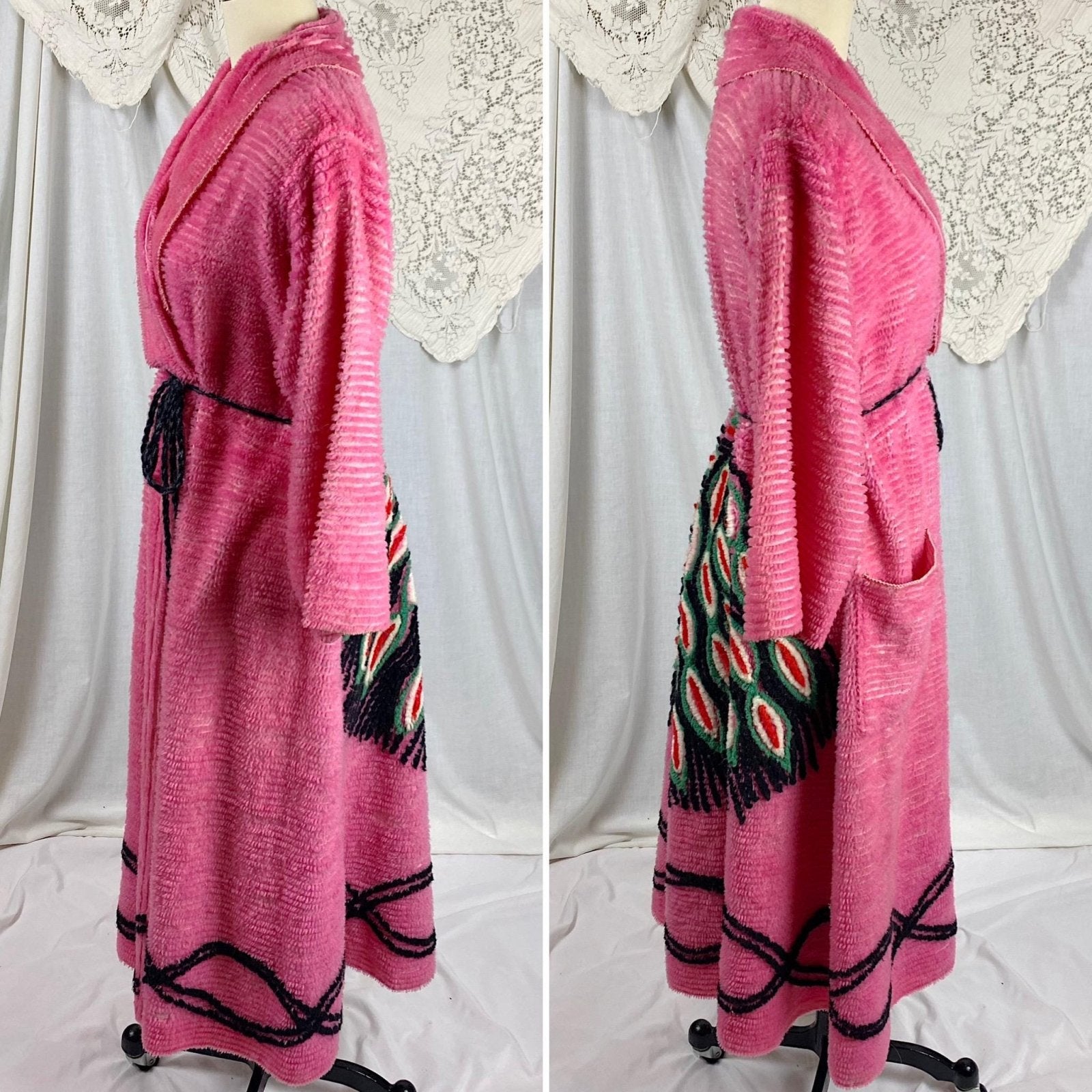 Vintage 1940's - 1950's Robe | Bright Pink Chenille with Peacock Design & Black Trim | Size M - Daggers & Dames