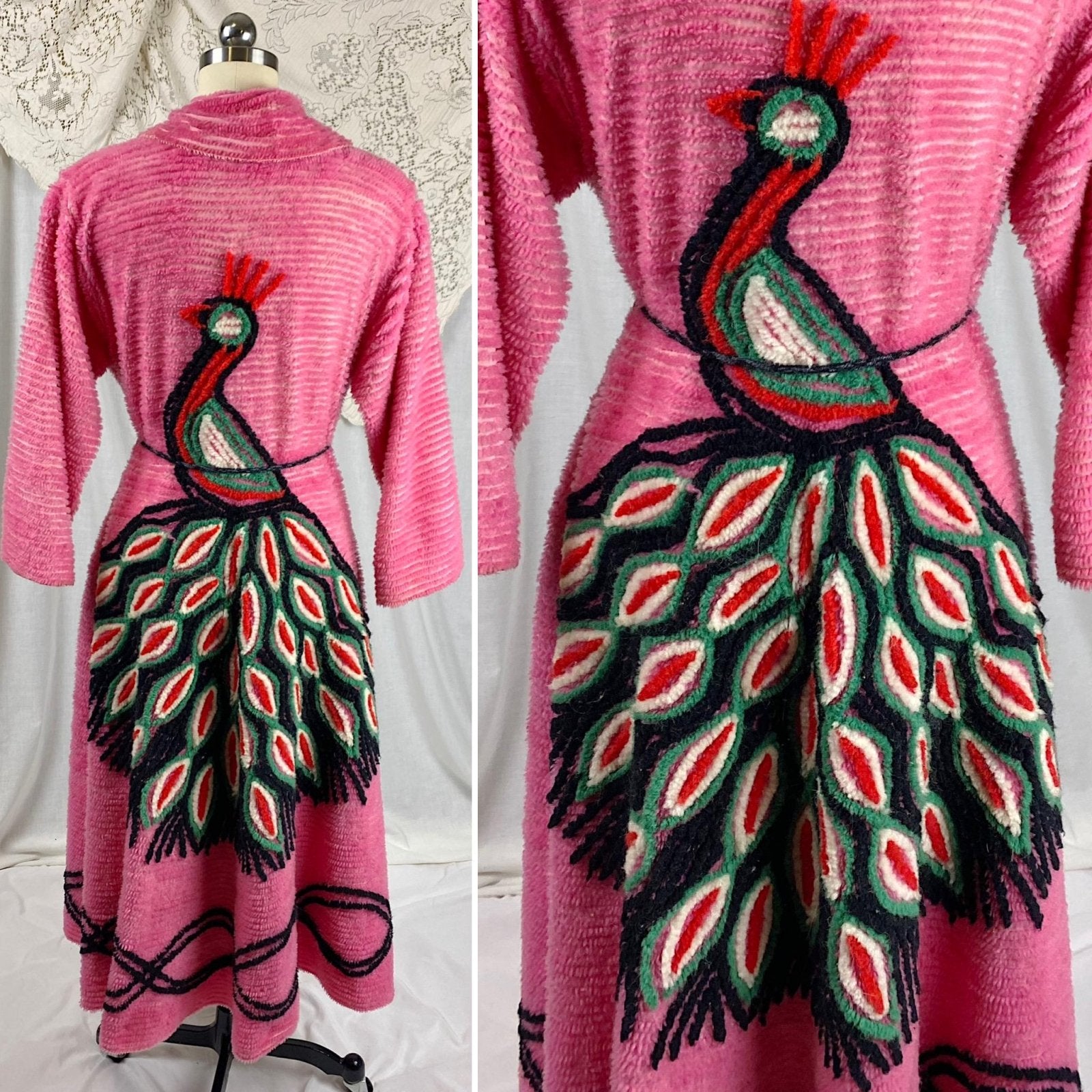 Vintage 1940's - 1950's Robe | Bright Pink Chenille with Peacock Design & Black Trim | Size M - Daggers & Dames