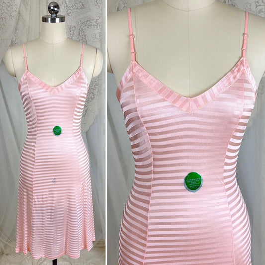 Vintage 1940's Baby Pink Rayon Knit Slip with Satin Stripe Damask Pattern - By Lorraine, New Old Stock Size XS, S - Daggers & Dames