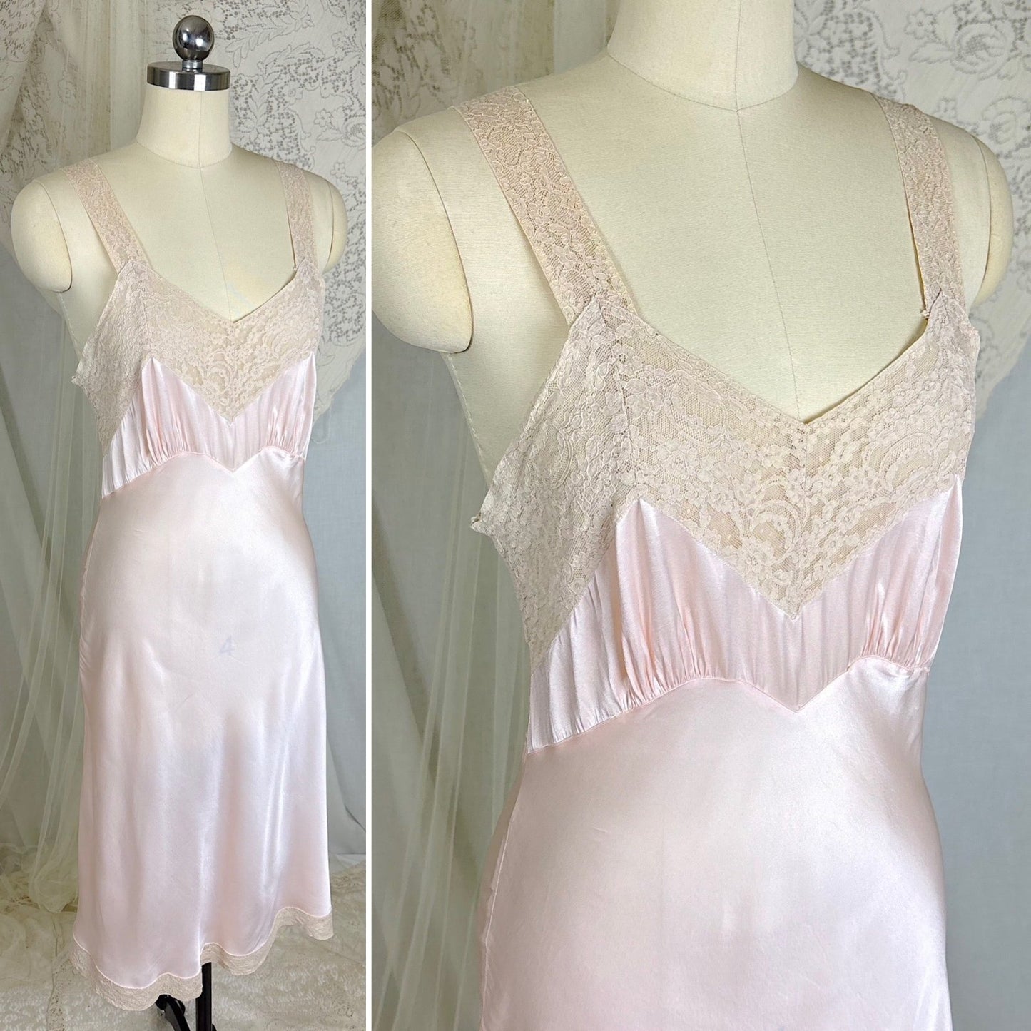 Vintage 1940's Baby Pink Rayon Satin Slip - By Fischer Heavenly Lingerie, Size S - Daggers & Dames