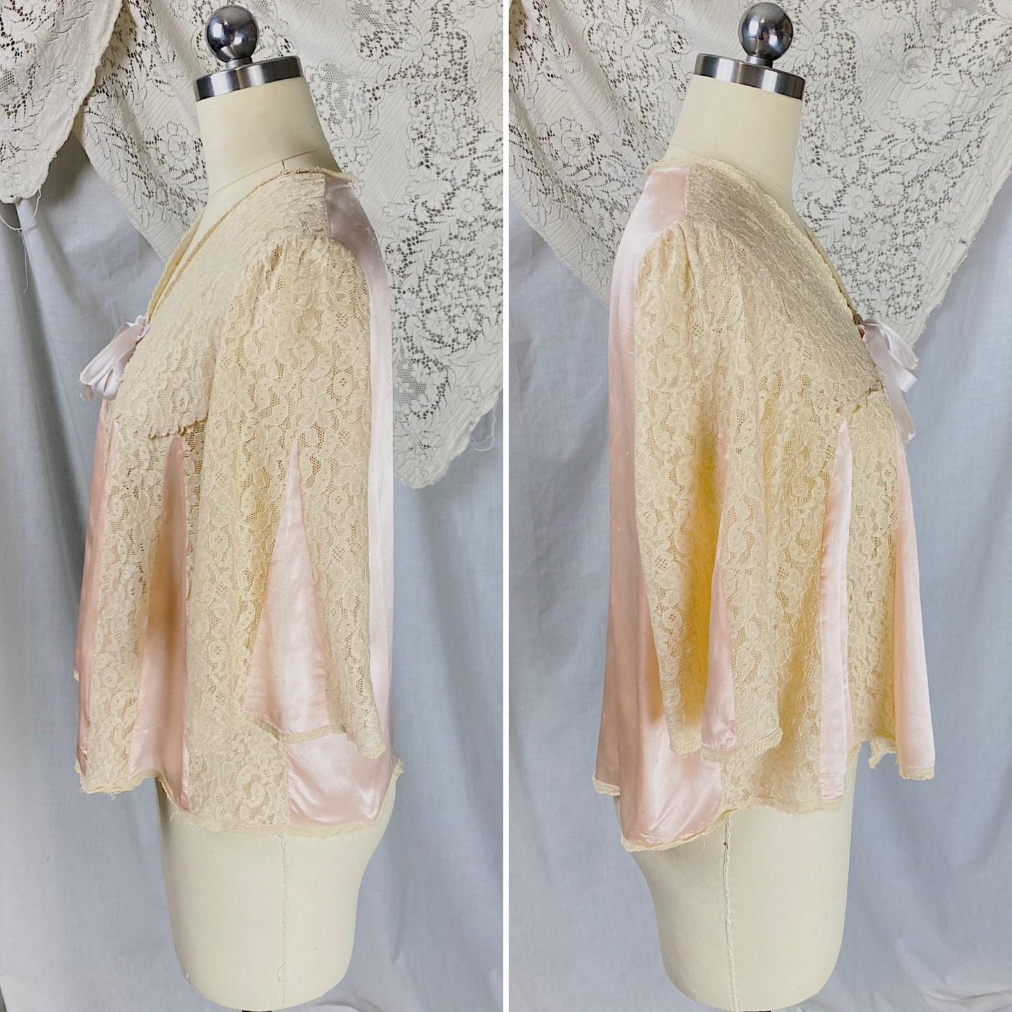 Vintage 1940s Bed Jacket | Pale Nude Floral Cotton Lace with Pink Stain Gores & Belle Sleeves | Size XS, S | By Lace Specialties - Daggers & Dames