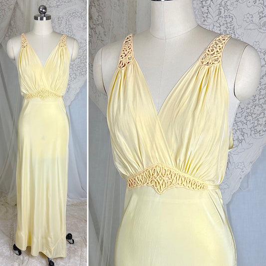 Vintage 1940's Buff Yellow Rayon Nightgown with Soutache - Size S, M - Daggers & Dames