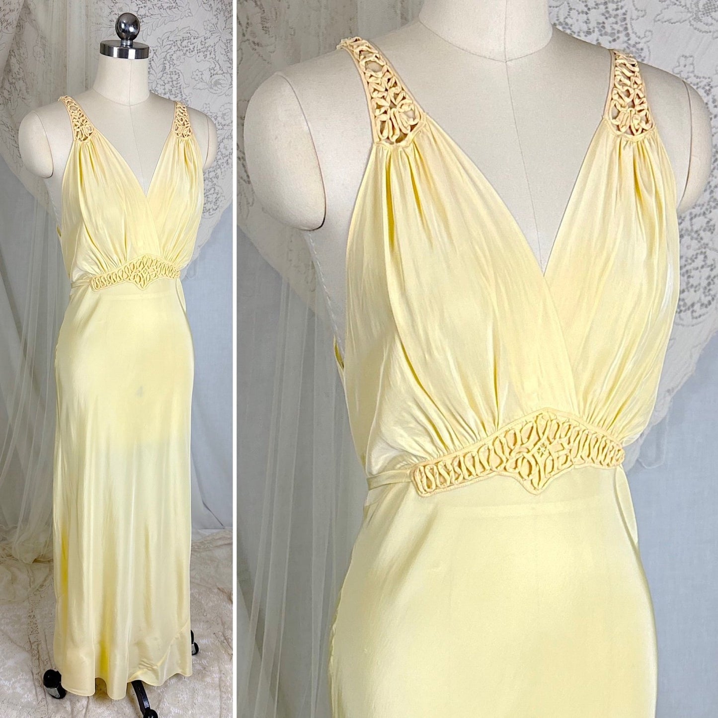 Vintage 1940's Buff Yellow Rayon Nightgown with Soutache - Size S, M - Daggers & Dames